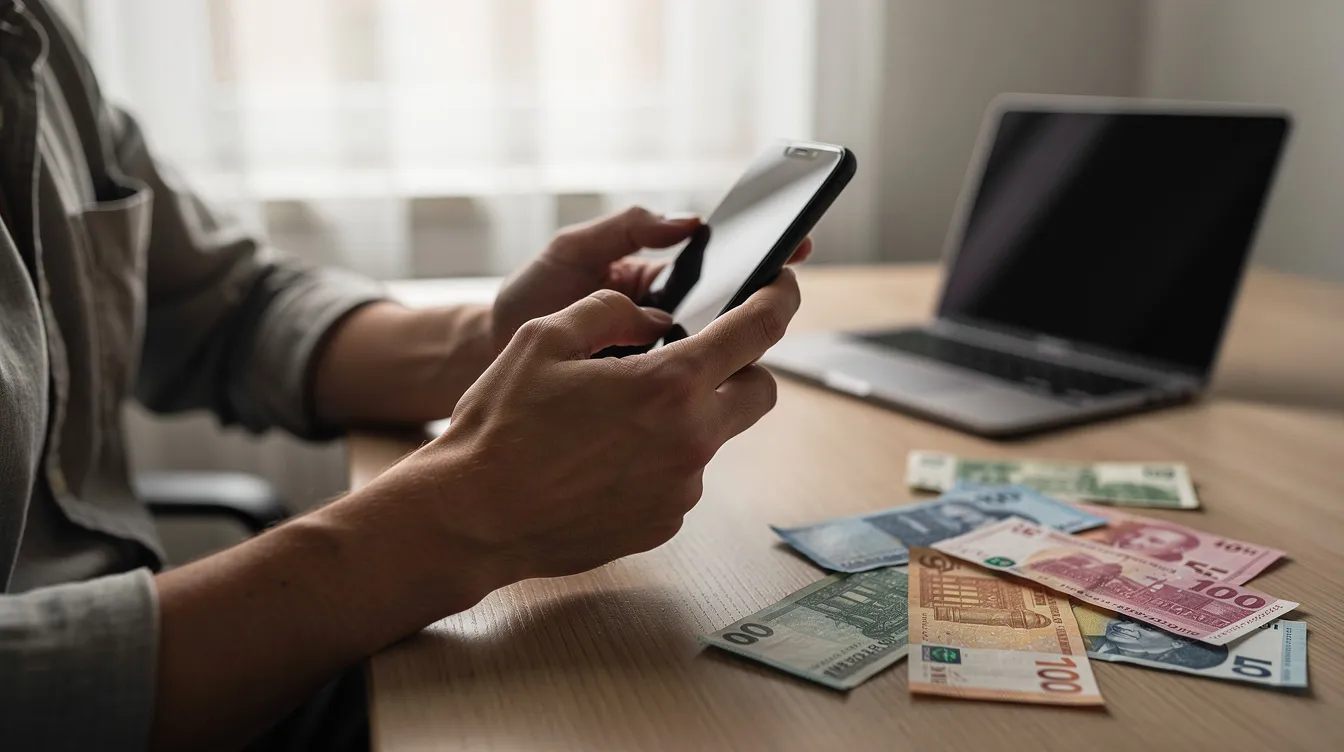 A person is sitting at a desk, holding a smartphone in one hand while currency notes are spread out nearby, suggesting a focus on mobile wallet transfers or sending money online. This scene reflects the convenience and efficiency of international transactions, especially for overseas Pakistanis looking to manage their funds securely.