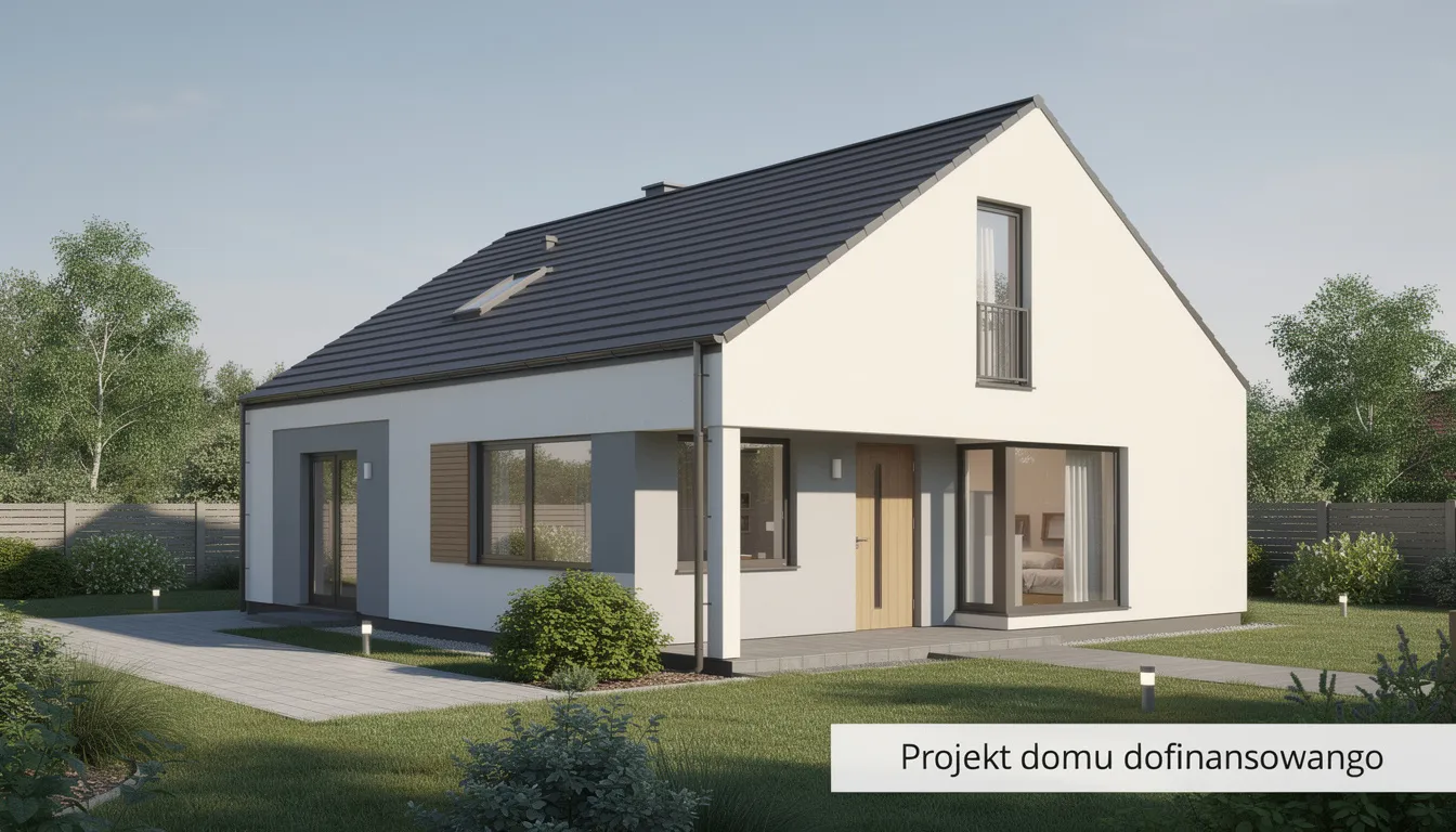 Na obrazie przedstawiony jest prosty dom, który korzysta z ekologicznych rozwiązań, takich jak pompa ciepła oraz systemy odnawialnych źródeł energii. W tle widać nowoczesne instalacje, które zapewniają zasilanie i obniżają koszty ogrzewania, co przyczynia się do ochrony środowiska naturalnego.