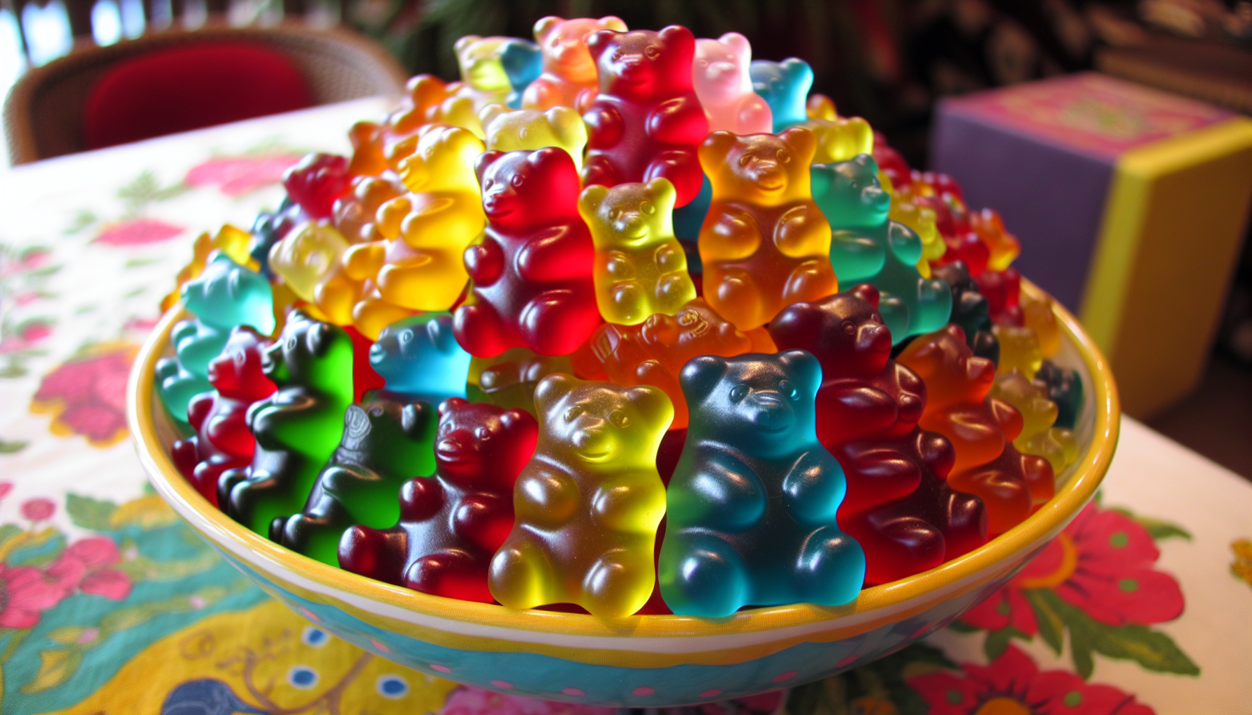 A colorful mix of 10 OH HHC gummy bears in a bowl.