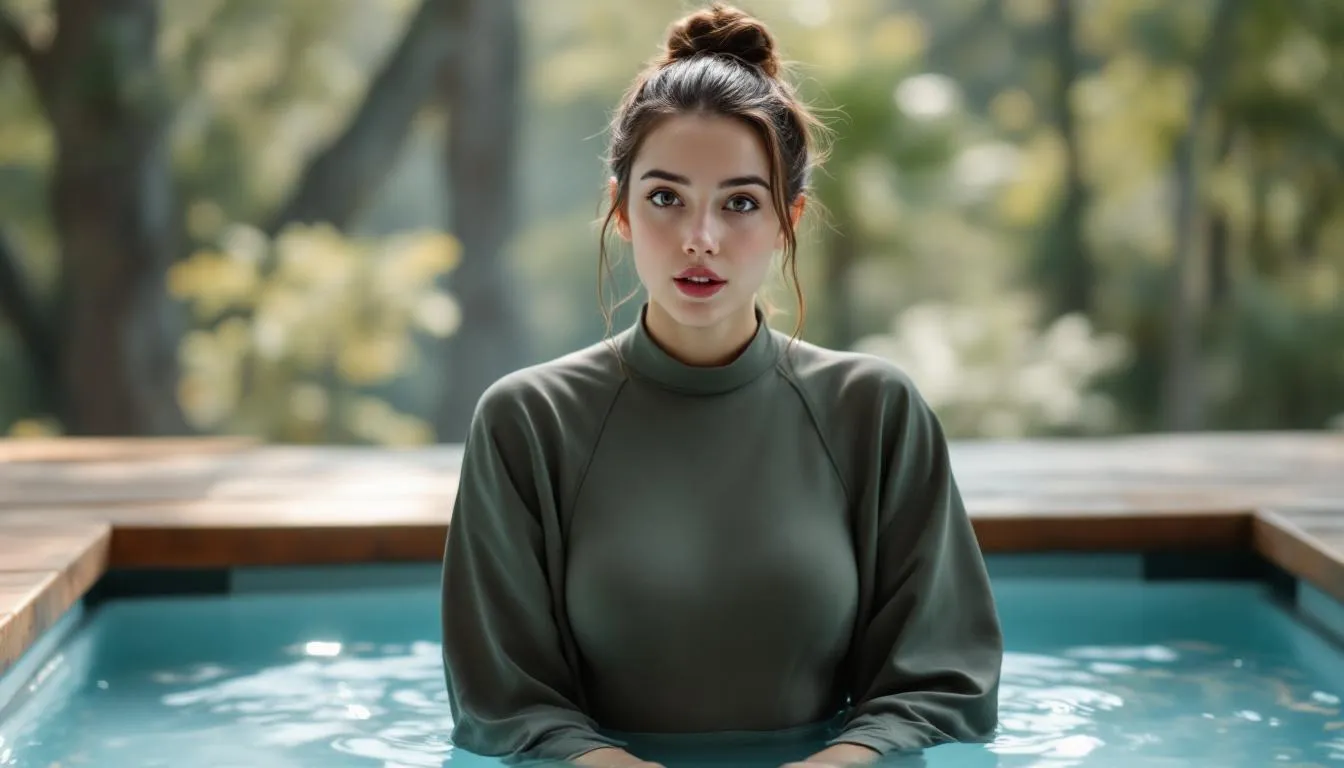 A beginner woman is taking a brief dip in a cold plunge tub, experiencing the invigorating effects of cold water immersion. This morning cold plunge is part of her routine to boost energy levels and promote muscle recovery through cold exposure.