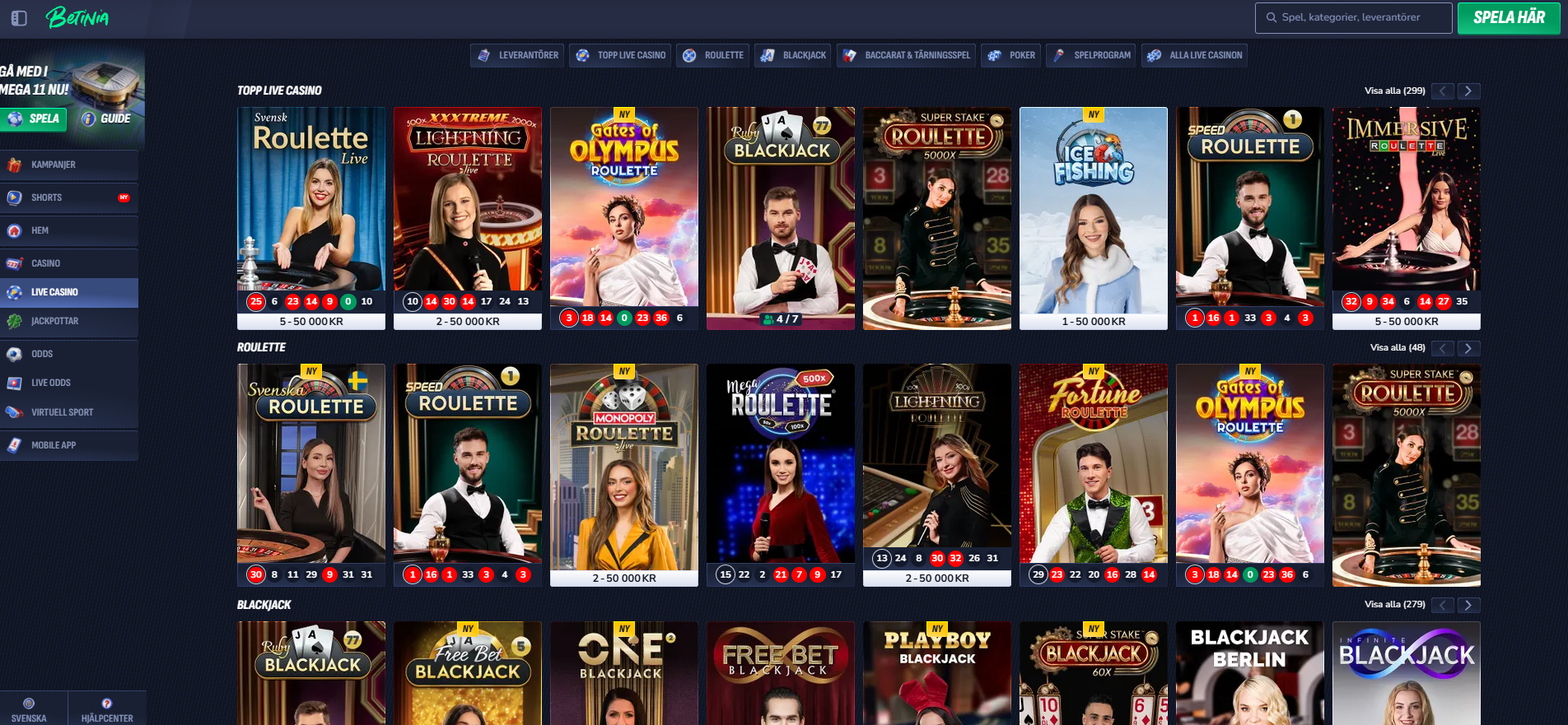 Betinias live casino med roulette, blackjack och andra livespel med dealers.