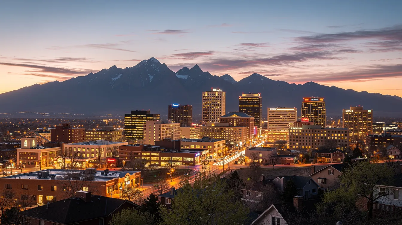 The image depicts the Colorado Springs city skyline at dusk, bathed in warm evening light, with the majestic Pikes Peak rising in the background. This serene scene contrasts with the serious issues surrounding dog bite cases and the emotional trauma faced by victims in Colorado, highlighting the importance of seeking legal advice for compensation and understanding local laws.