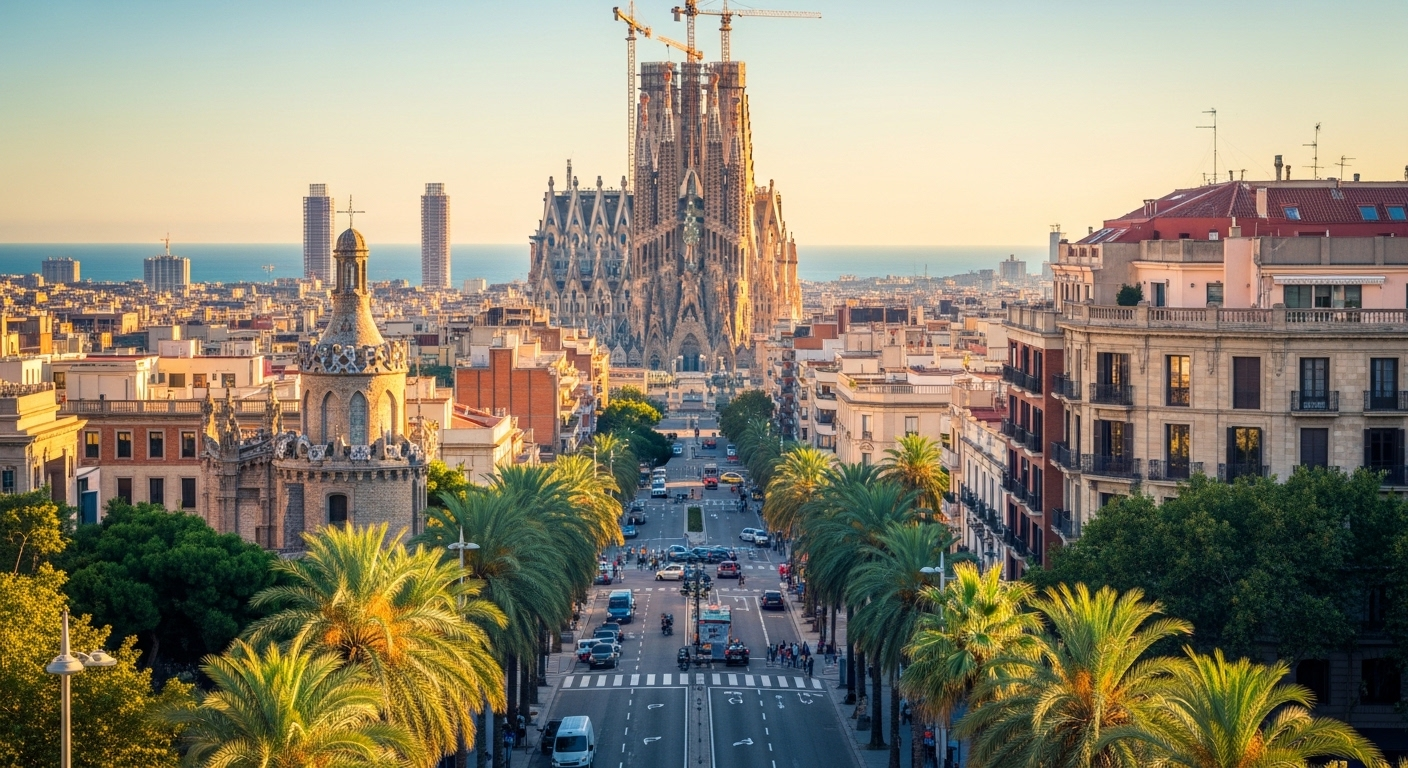 View of Barcelona with the Sagrada Família and the Mediterranean coastline on a sunny summer day.