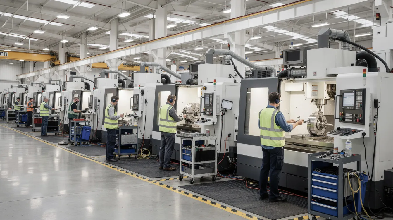 The image depicts a spacious factory floor filled with rows of advanced CNC turning and milling machines, where skilled engineers operate the equipment in a well-lit industrial environment. This setting showcases the precision CNC machining services offered by various machining companies in China, highlighting their capabilities in high volume production and custom machining.