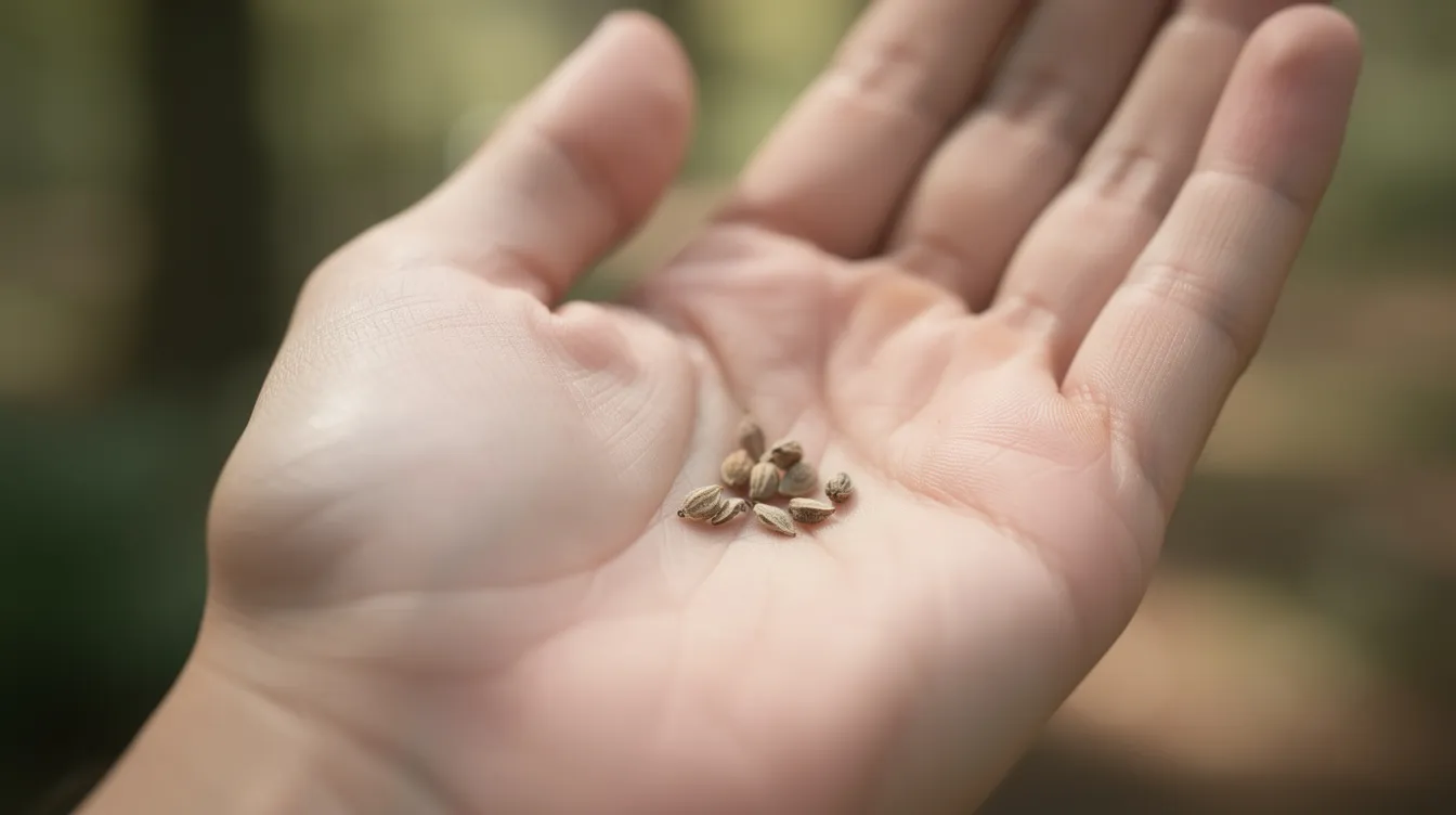 A close-up image showcases tiny seeds resting in an open palm, symbolizing the grain of mustard seed mentioned in the Bible, which represents faith. The blurred natural background enhances the focus on the seeds, evoking the idea that even with little faith, one can achieve the impossible, as Jesus taught about moving mountains with divine power.