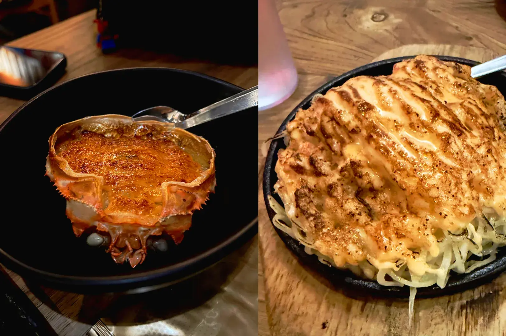 Japanese izakaya comfort food baked crab shell and cheesy grilled dish on hot plate