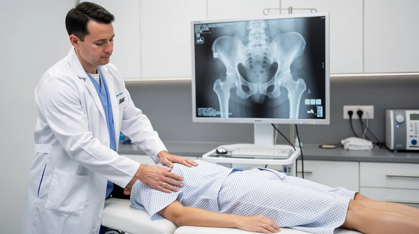 A medical professional is examining a patient's hip, with an X-ray display of the hip joint visible in the background, illustrating potential hip injuries. This image highlights the importance of medical treatment for injured workers seeking workers compensation benefits in cases of workplace injuries.