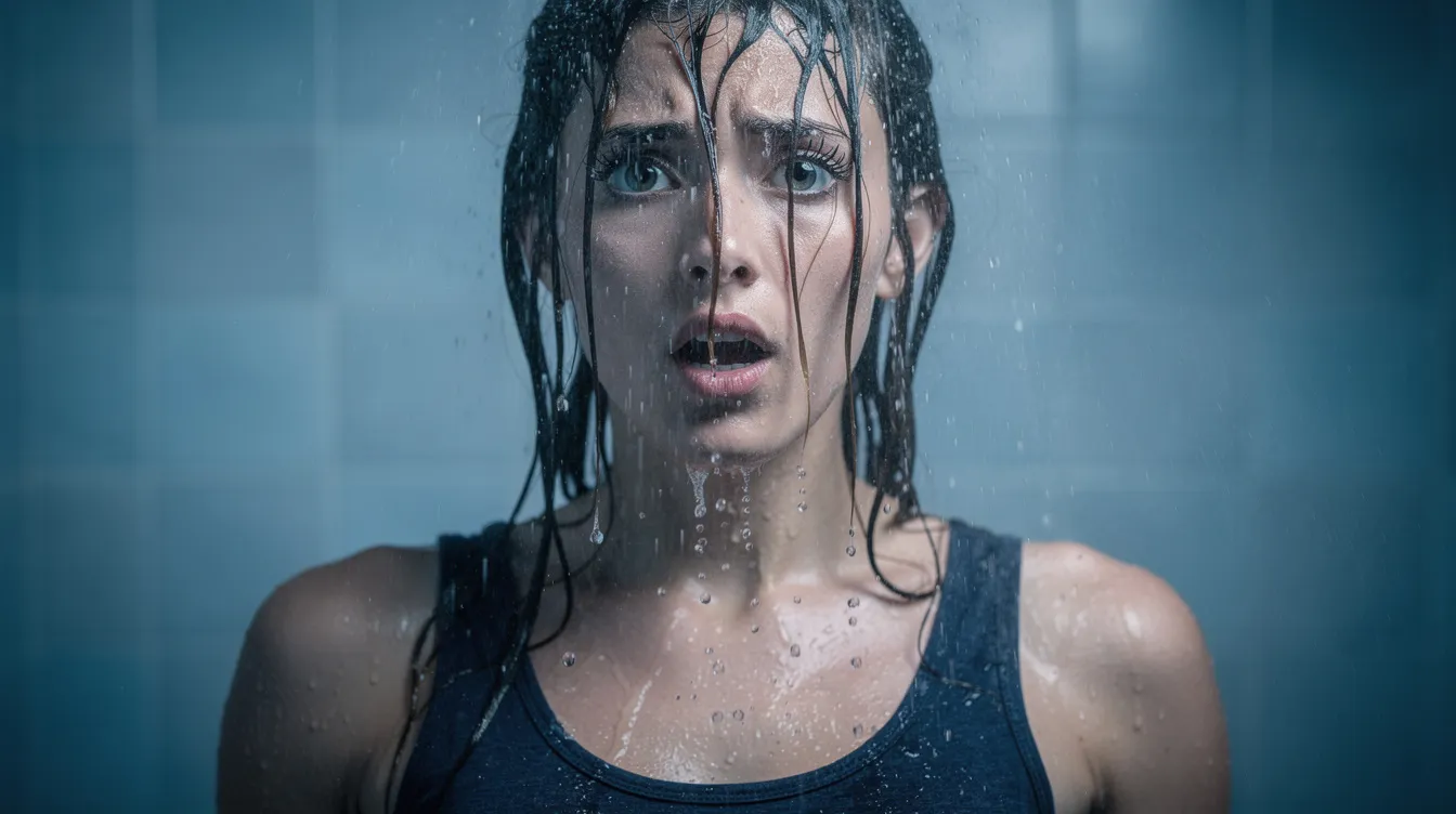 A person stands under a cold shower, with water droplets visibly cascading down their body, highlighting the invigorating experience. Cold showers are known for their potential health benefits, including improved skin elasticity and support for collagen production, which can be part of a holistic approach to longevity protocols.