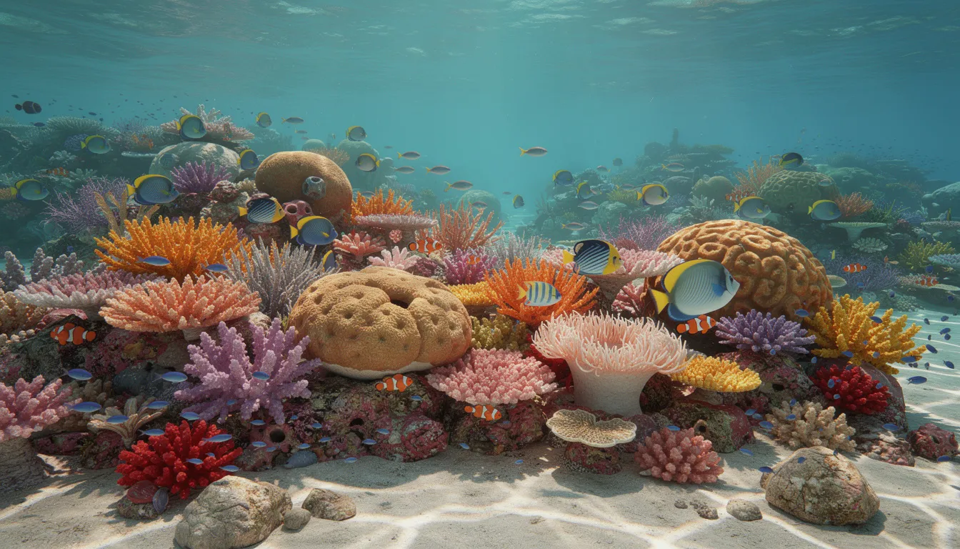 An underwater scene features a vibrant coral reef teeming with colorful tropical fish swimming gracefully among the corals. This lively ecosystem highlights the importance of sustainability in our oceans, reflecting the need for responsible practices in industries like fashion to protect our environment.