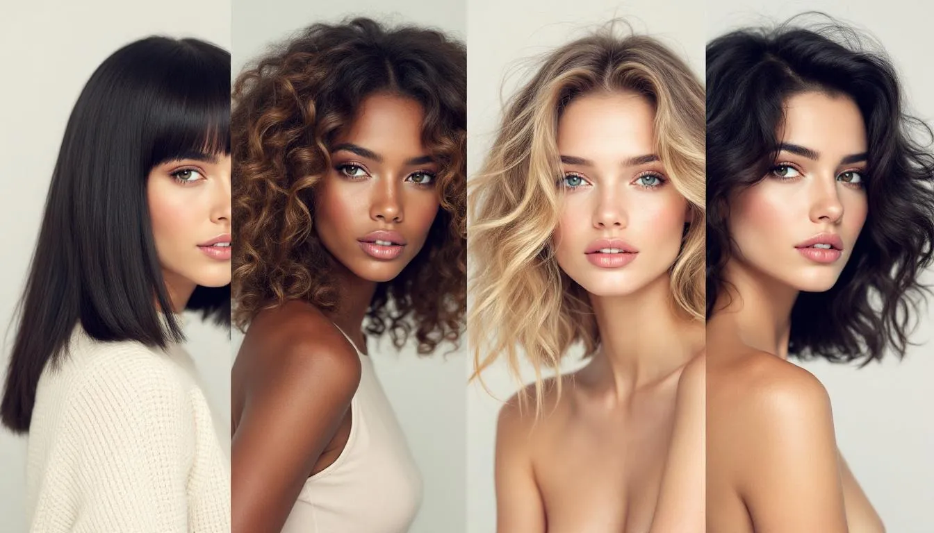 The image features four different hair types, showcasing their unique textures and characteristics, highlighting the diversity in hair health. Each type is styled to reflect its natural beauty, emphasizing the benefits of hair oils like batana oil for promoting hair growth and maintaining overall hair health.