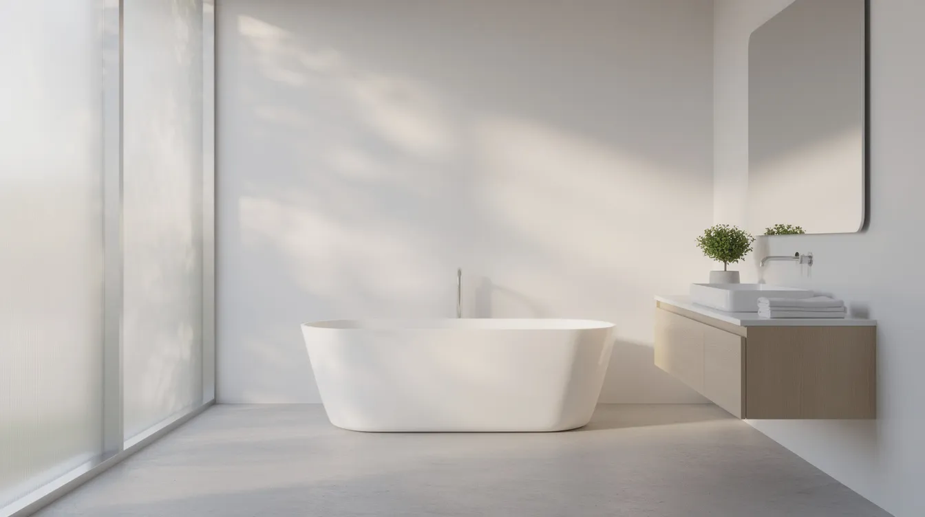 A minimalist bathroom illuminated by soft natural light filtering through a frosted glass window