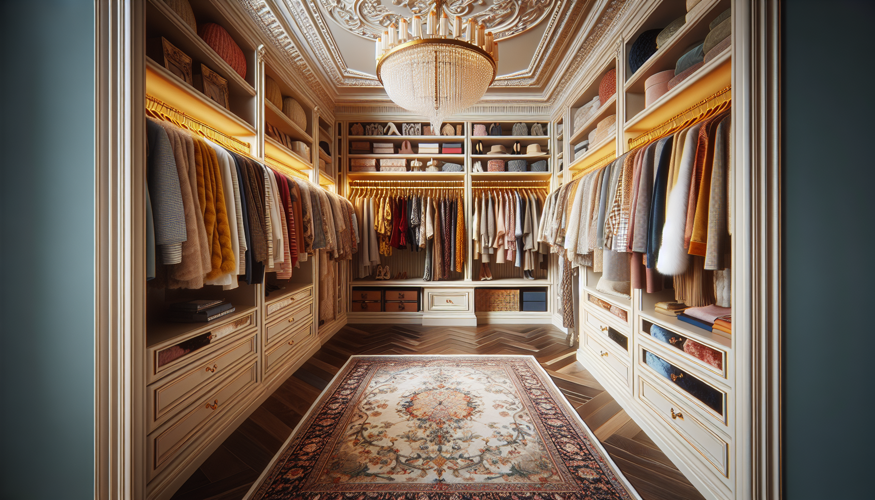 Custom walk-in closet with stylish clothing and accessories