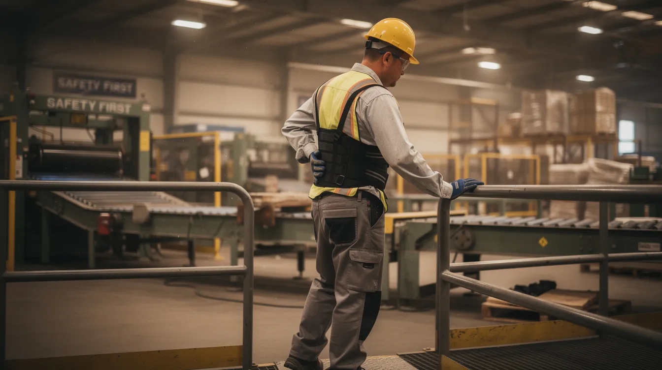 The image depicts an injured worker wearing a back brace in an industrial setting, highlighting the challenges faced by back injury victims. This scene underscores the importance of seeking medical attention and legal support for serious spinal injuries that may result from workplace accidents.