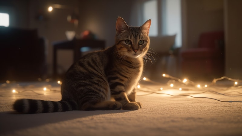 cat sitting on a carpet near warm string LED lights in a cozy, dimly lit room