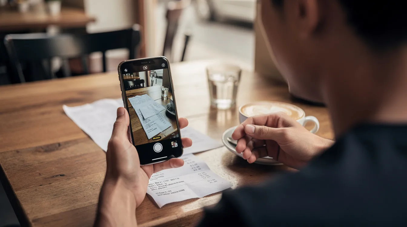 Eine Person fotografiert einen Kassenbon mit ihrem Smartphone in einem Café, um die Ausgaben für die Buchhaltung zu erfassen. Dies könnte Teil eines digitalen Ausgabenmanagement-Prozesses sein, der die Nutzung von Firmenkreditkarten und die Integration in Buchhaltungssysteme wie Circula unterstützt.