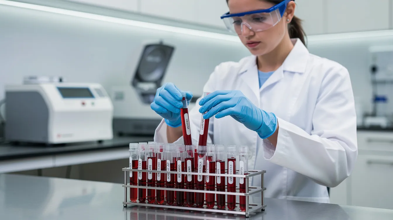 A laboratory technician is carefully handling blood samples contained in test tubes, which may be used for telomere length testing to assess biological age and the aging process. The technician&rsquo;s work is crucial for understanding telomere shortening and its implications in various health outcomes, including cancer and age-related diseases.