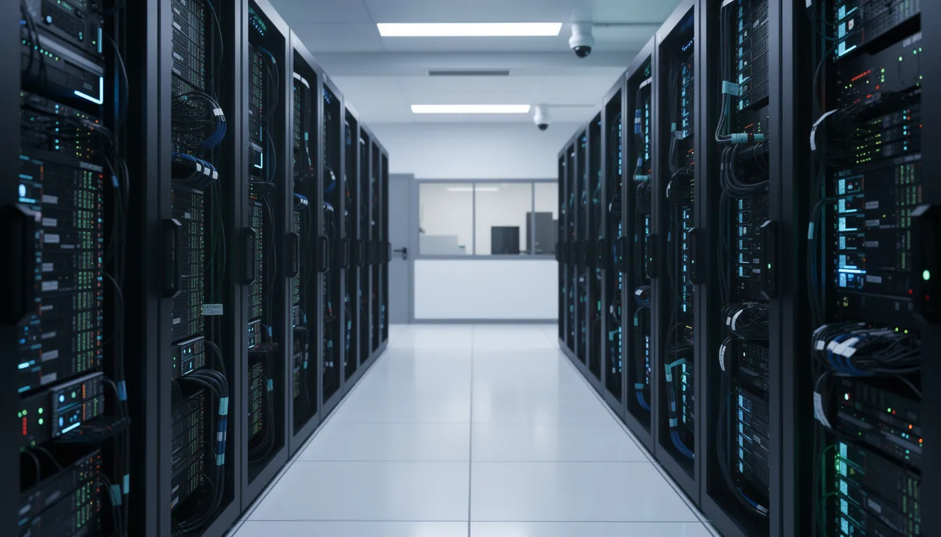 The image shows a secure data center filled with rows of servers, each equipped with blinking status lights, symbolizing the importance of protecting sensitive financial data against identity theft and data breaches. This environment is crucial for credit monitoring services that help individuals manage their credit profiles and safeguard against fraudulent activity.