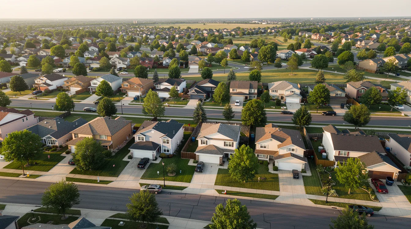 An aerial view of a suburban neighborhood showcases single-family homes nestled along tree-lined streets, highlighting the potential for real estate investors to explore investment properties for rental income. This picturesque setting reflects the charm of residential living, ideal for those looking to build a real estate portfolio and generate passive income through long-term rentals.