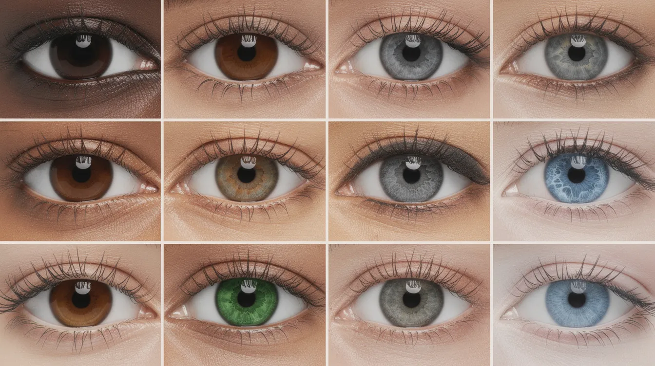 Gros plan sur des yeux humains présentant différentes couleurs d'iris, allant du marron au bleu, mettant en valeur la diversité des teintes. Cette image évoque le domaine de la kératopigmentation, une méthode permettant de changer la couleur des yeux grâce à des pigments.