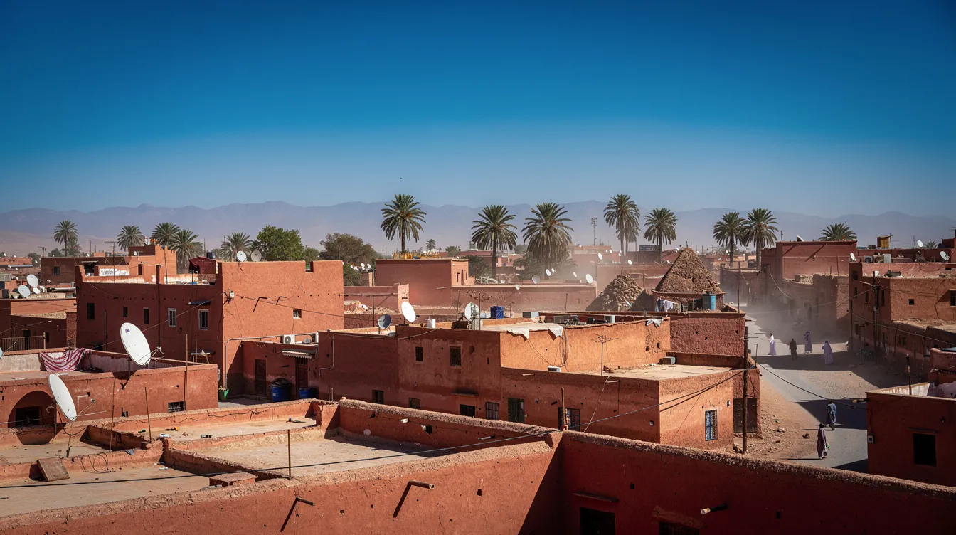The image depicts the vibrant red-walled city of Marrakech, surrounded by lush palm trees under a clear blue sky, showcasing the intense summer heat typical of Morocco in August. This scene captures the essence of the high temperatures experienced during the hottest months, making it a prime destination for tourists exploring the culture and history of this imperial city.