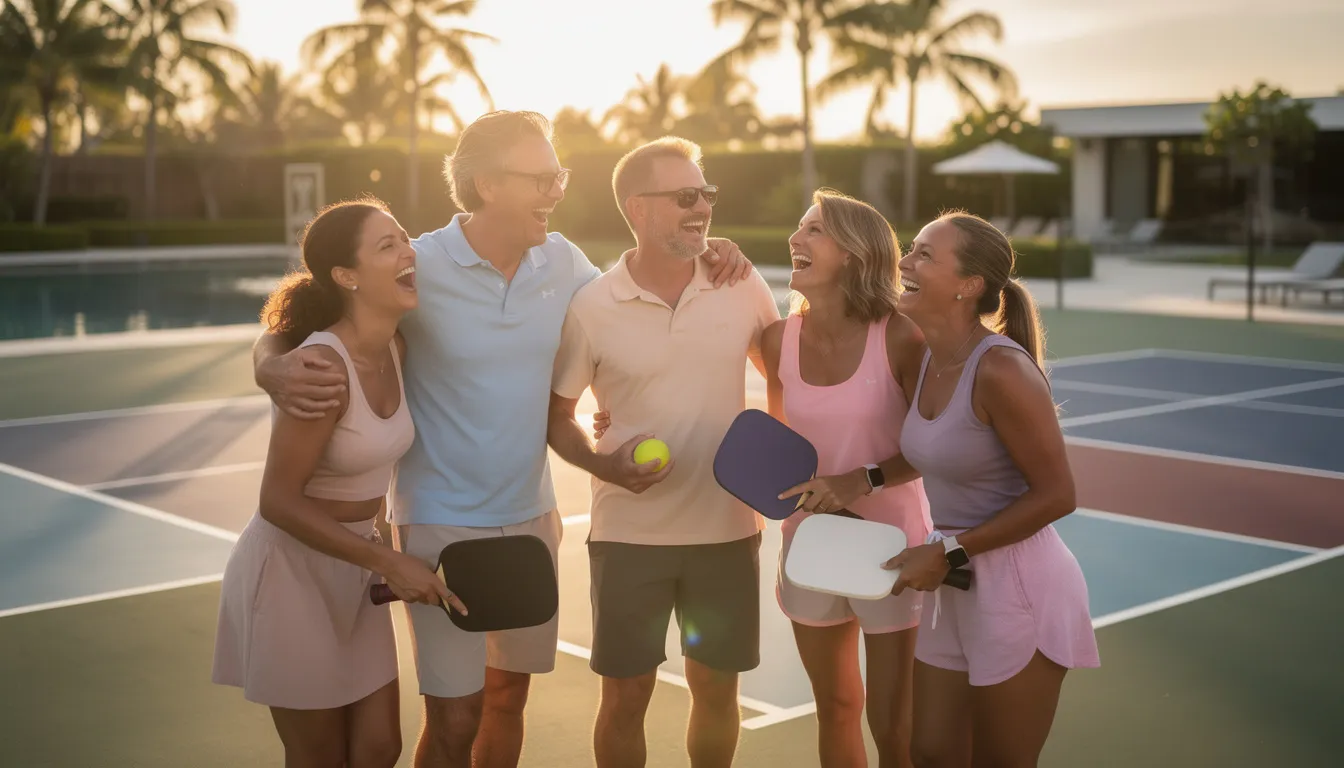 A group of friends joyfully laughs together after an exciting pickleball match on dedicated pickleball courts at a luxury all-inclusive resort, surrounded by picturesque palm trees and stunning views. Their camaraderie reflects the friendly competition and fun that defines a perfect pickleball getaway.