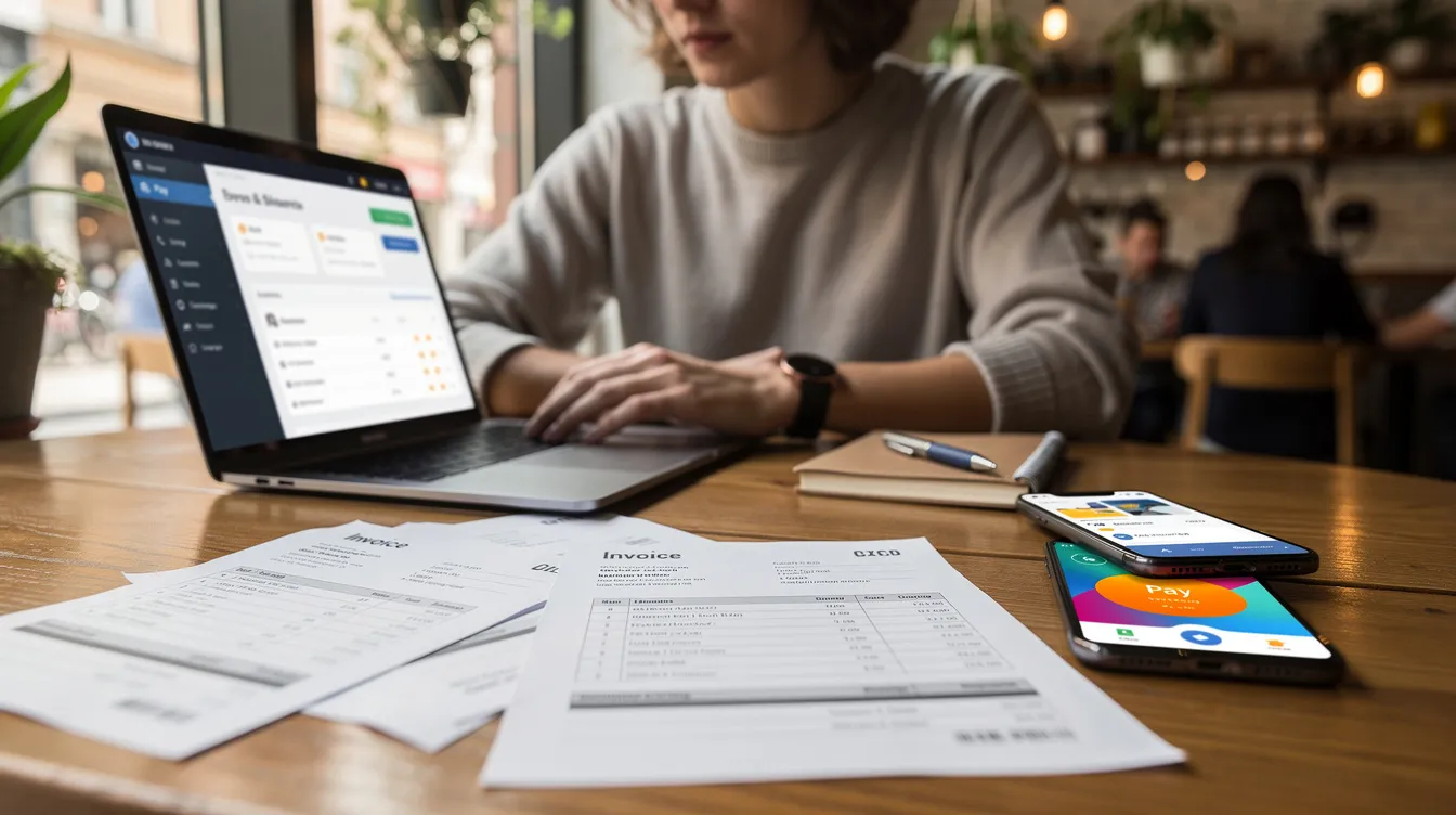 A freelancer is seated at a cafe, working on a laptop with invoices scattered on the table alongside a phone displaying a payment app. The scene captures a blend of productivity and financial management, emphasizing the freelancer's focus on their 清 數 and payment processes.