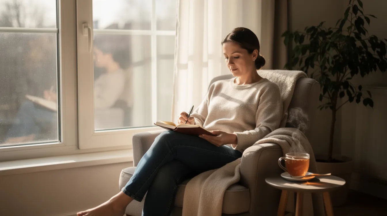 The image depicts an adult sitting calmly by a window, holding a cup of tea and writing in a notebook, suggesting a moment of reflection or relaxation amidst the challenges of managing anxiety and ADHD symptoms. This serene setting may symbolize the importance of mental health and the need for effective treatment plans for those experiencing overlapping symptoms of both conditions.