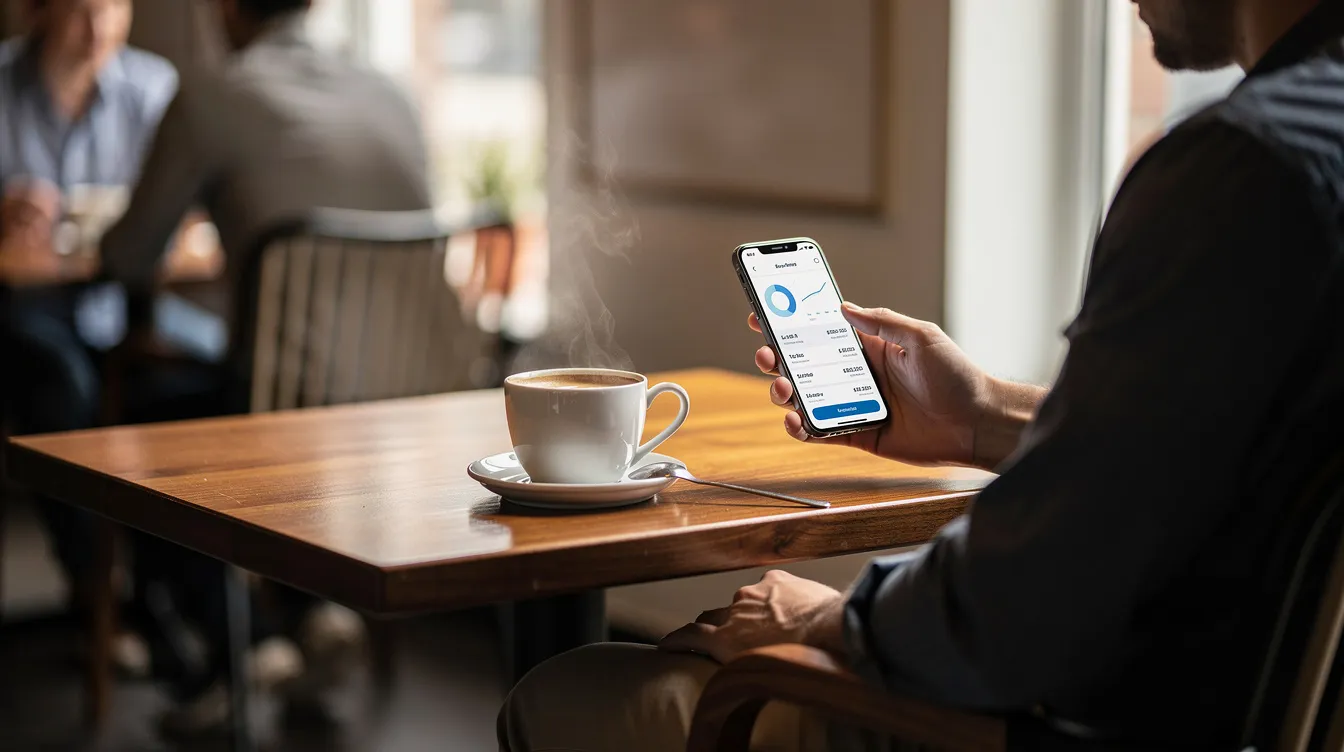 A person is sitting at a cafe table, enjoying a cup of coffee while using a smartphone banking app to manage their bank account. The scene reflects the convenience of modern banking services, highlighting the digital innovation present in Romania's banking sector.