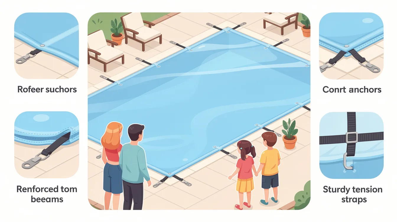 A safety cover securely placed over a swimming pool.