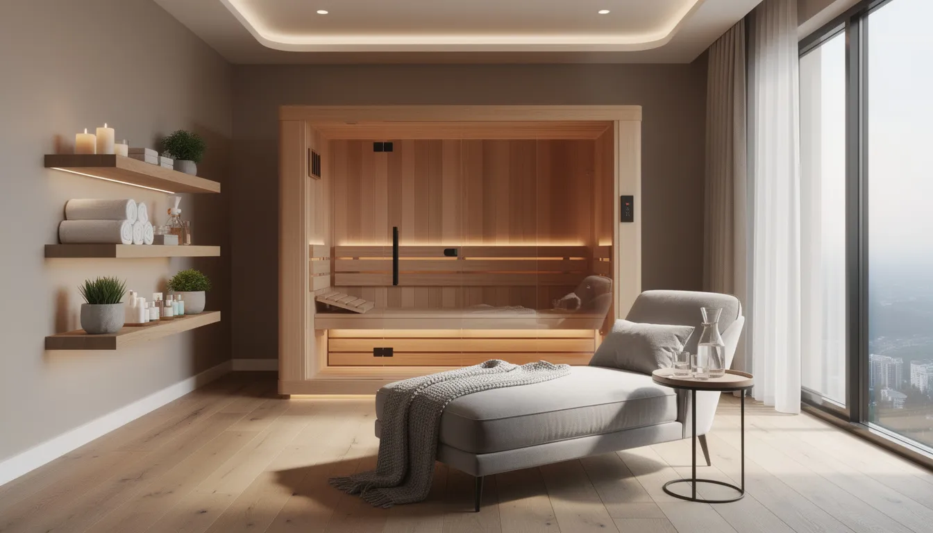 The image depicts a luxurious wellness room featuring a wooden sauna cabin, designed with modern interior elements. This serene space emphasizes health and relaxation, ideal for low EMF infrared sauna experiences while minimizing EMF exposure from electrical devices.