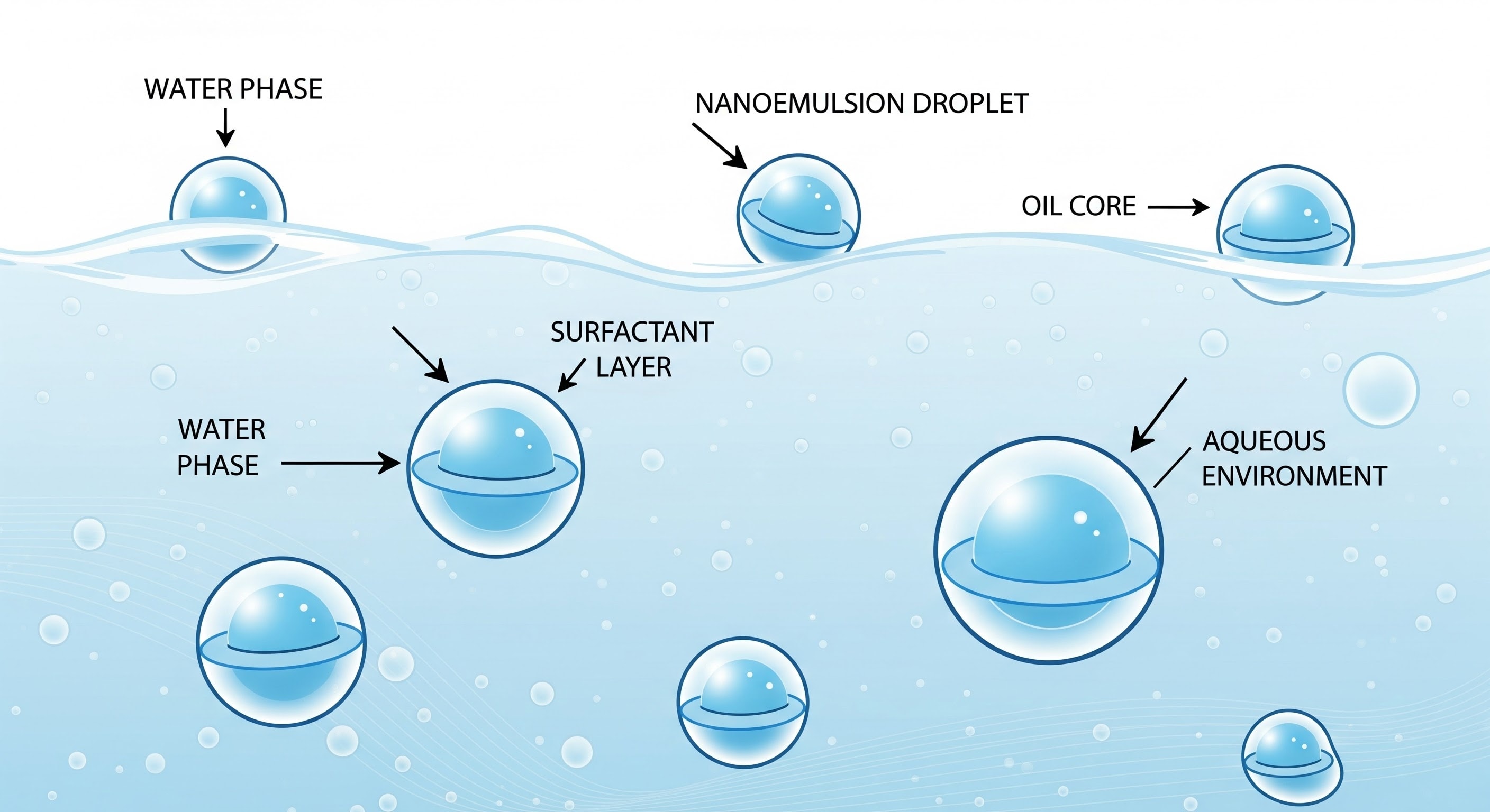 scientific infographic style of nanoemulsion droplets in water, blue-white palette, labeled particles