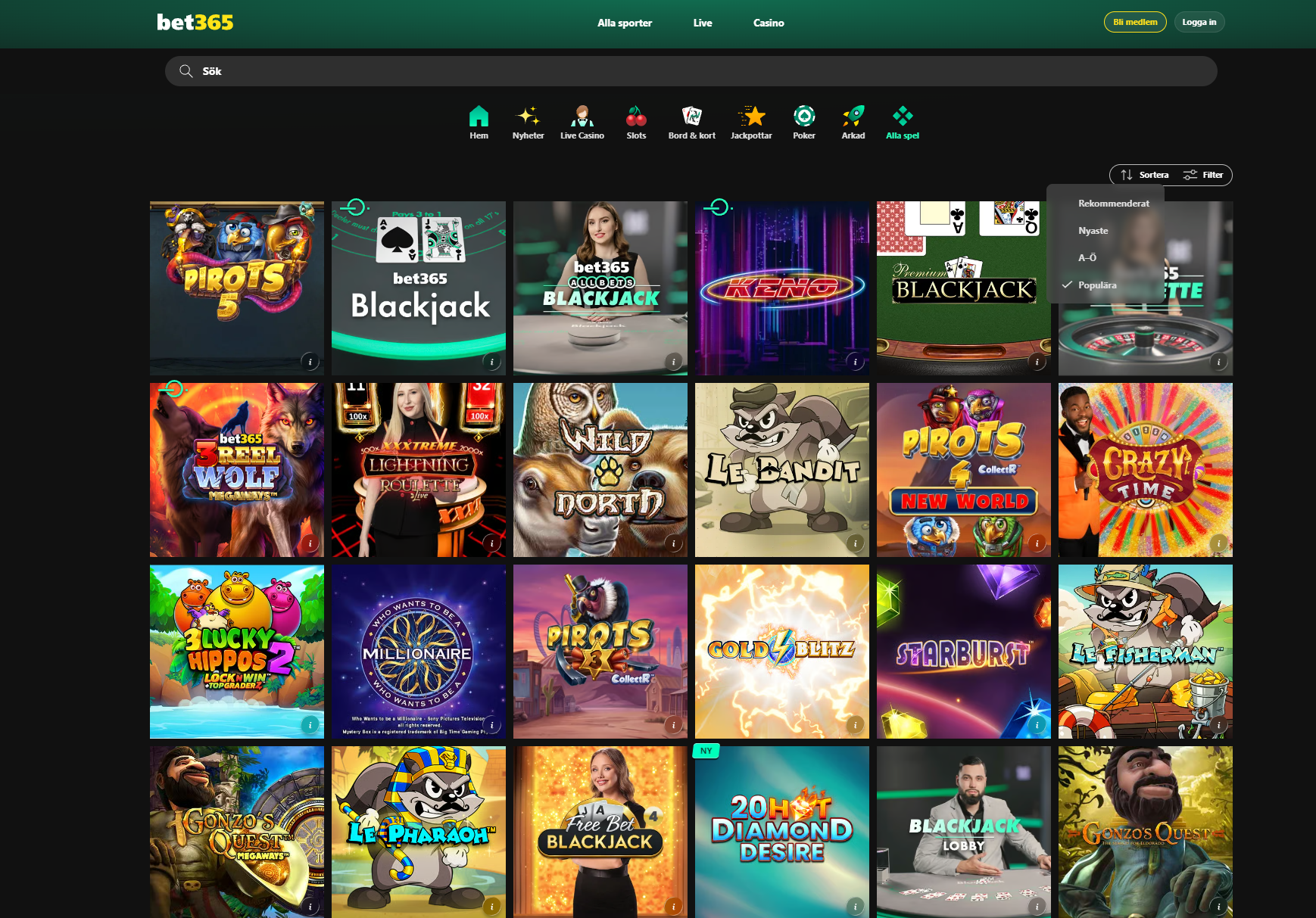 Casinospel hos Bet365 med sortering efter bland annat rekommenderade, nyaste och populära spel.