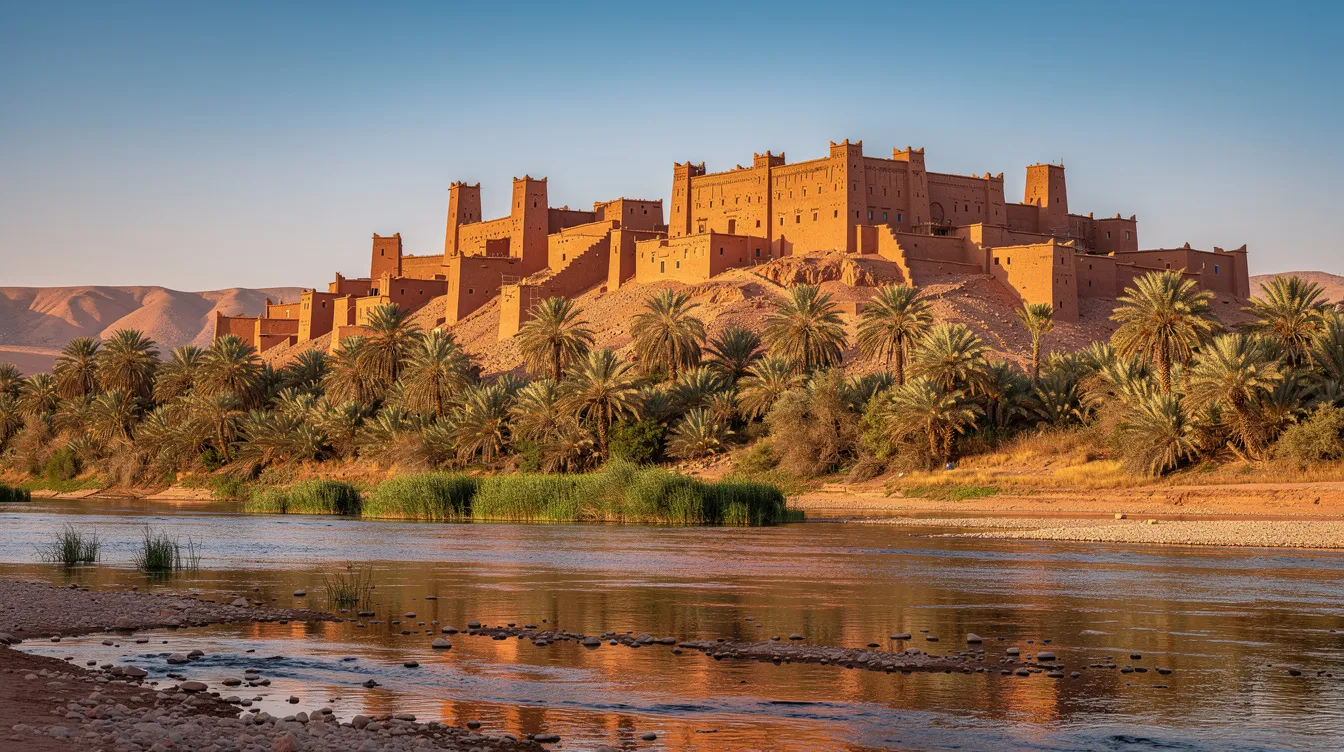 Ksar de adobe junto a un río y palmeras en el sur de Marruecos.