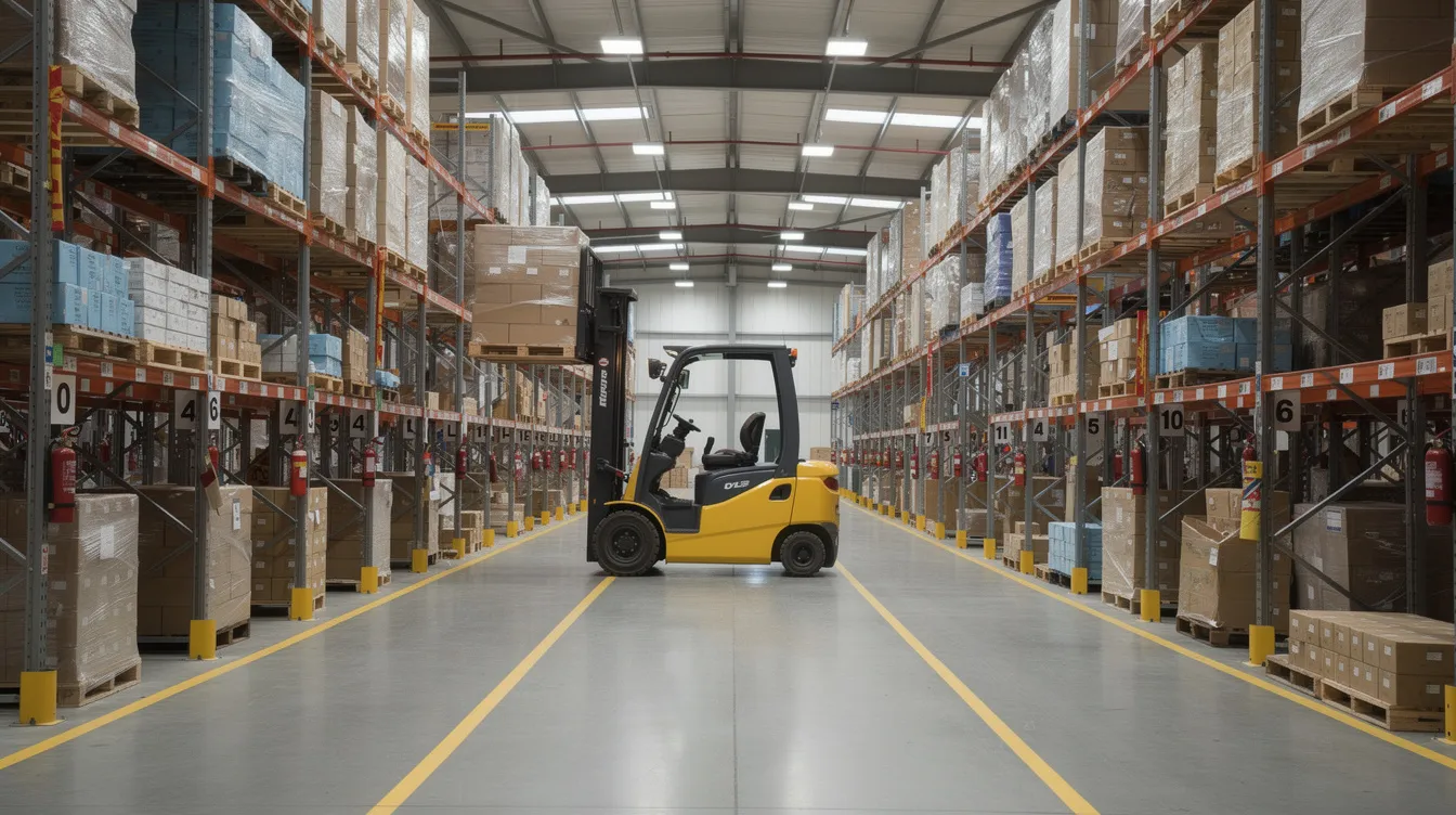 b5c753d5 33fa 4ffd 949b 49c0e6bafb34 The image depicts the interior of a large industrial warehouse featuring tall metal storage racks filled with various supplies, while a forklift is maneuvering through a wide aisle, indicative of the dal milling industry’s operations. This setting highlights the essential infrastructure and equipment needed for efficient pulses processing and the management of raw materials in a food processing environment.