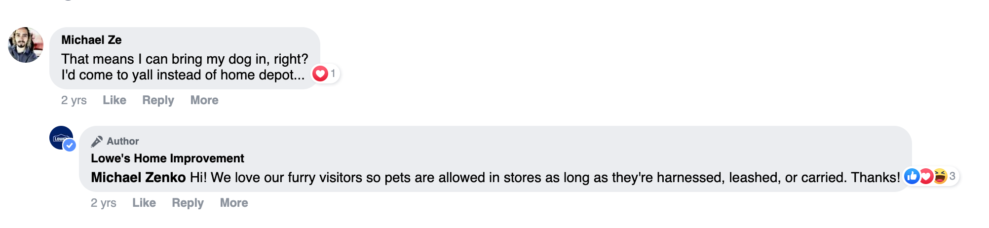 Lowe's social media coordinator confirming that the store is pet-friendly.