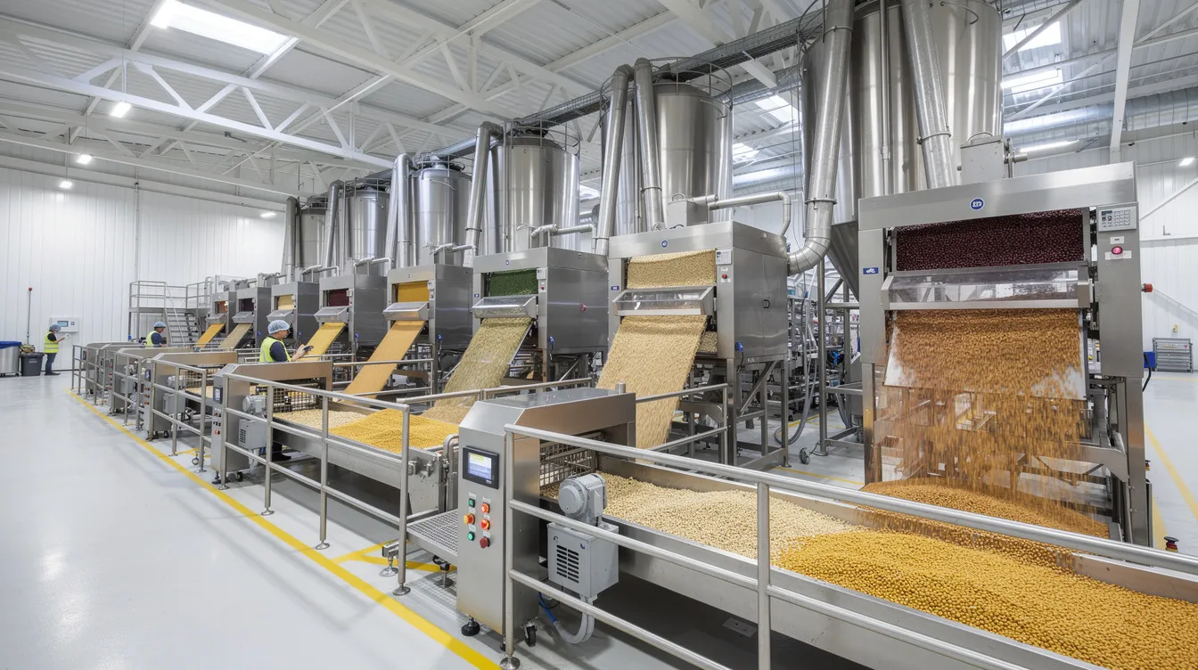 The image depicts an industrial food processing facility equipped with stainless steel machinery, large silos, and conveyor systems, all designed for handling grain and pulse raw materials. This setup is essential for the production of plant-based proteins, including pulse protein concentrates and flour, catering to the rising consumer demand for sustainable food production and functional foods.