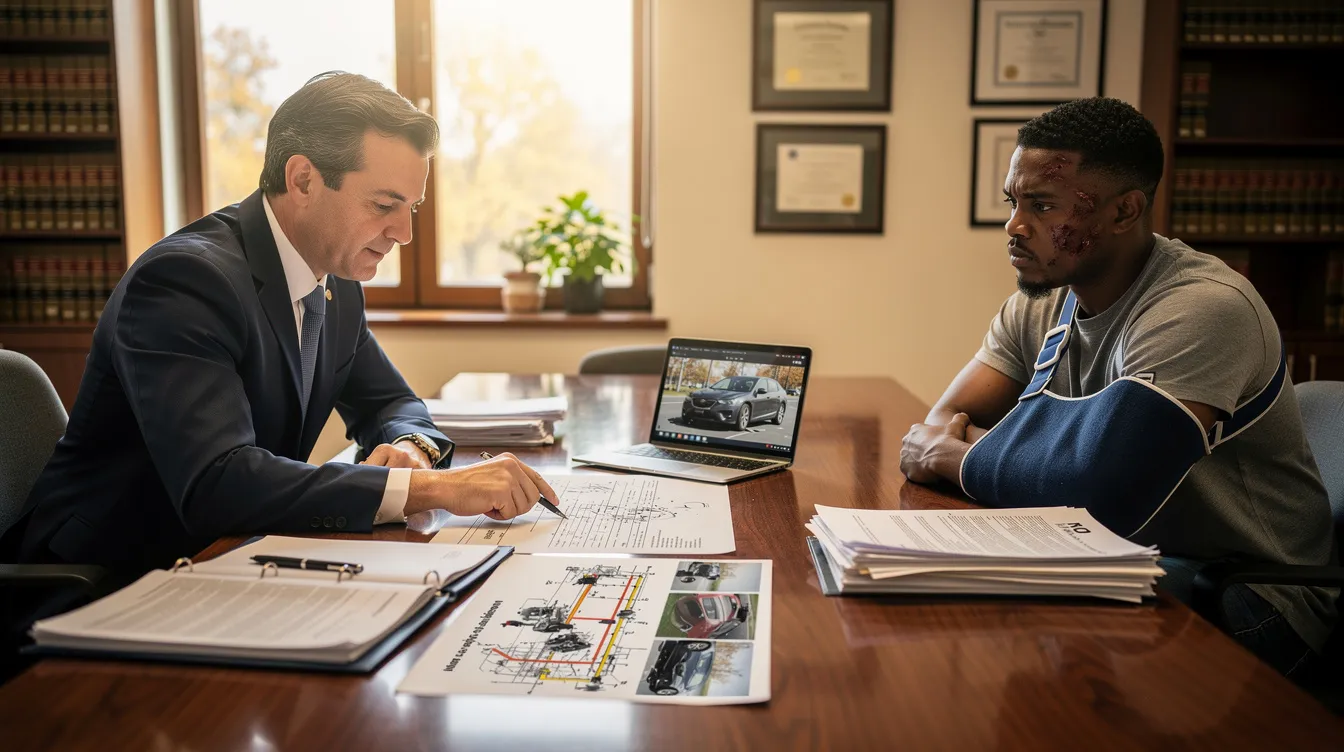 An attorney is seated at a desk, reviewing vehicle collision documents with an injured client, who appears concerned. This scene highlights the importance of legal representation in truck accident cases, particularly for those seeking compensation for serious injuries sustained in a truck collision.