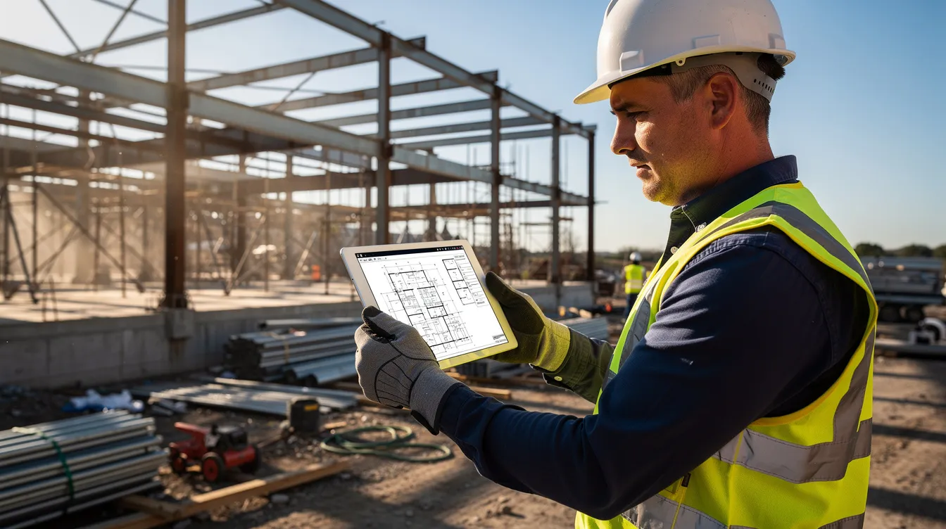 A construction worker is intently reviewing digital blueprints on a tablet at a job site, with steel framing structures visible in the background. This scene highlights the integration of technology in the construction industry, showcasing the skills and tools essential for successful construction projects.
