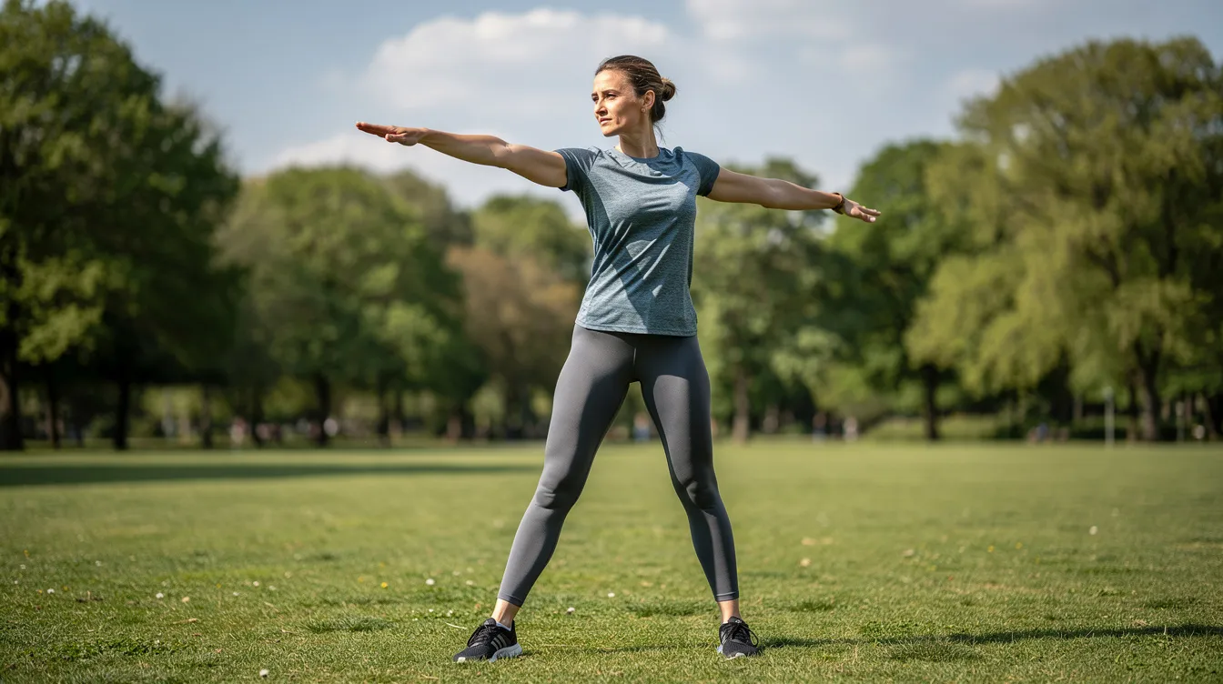 A woman is engaging in light stretching exercises outdoors in a park, dressed in athletic clothing that highlights her healthy physique. This scene reflects the importance of maintaining the body's natural collagen production and overall fitness, which can enhance skin texture and support natural curves.