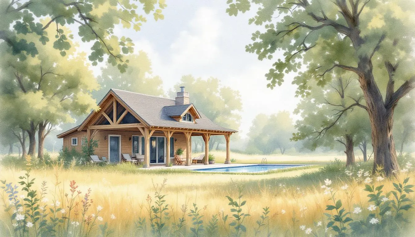 A beautiful oak framed pool house surrounded by nature.