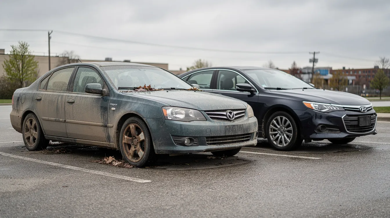 The image shows two sedans parked side by side in soft daylight; one is dusty and neglected, while the other is clean and well-maintained, highlighting the importance of vehicle history and maintenance in the used car market. This contrast emphasizes how a vehicle's mileage and condition can significantly affect its resale value and appeal to potential buyers.