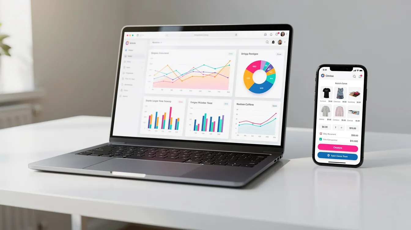 The image features a laptop displaying various analytics charts, indicative of performance optimization for ecommerce development, alongside a smartphone showcasing a mobile shopping cart interface, highlighting the importance of custom ecommerce solutions for a seamless customer experience.