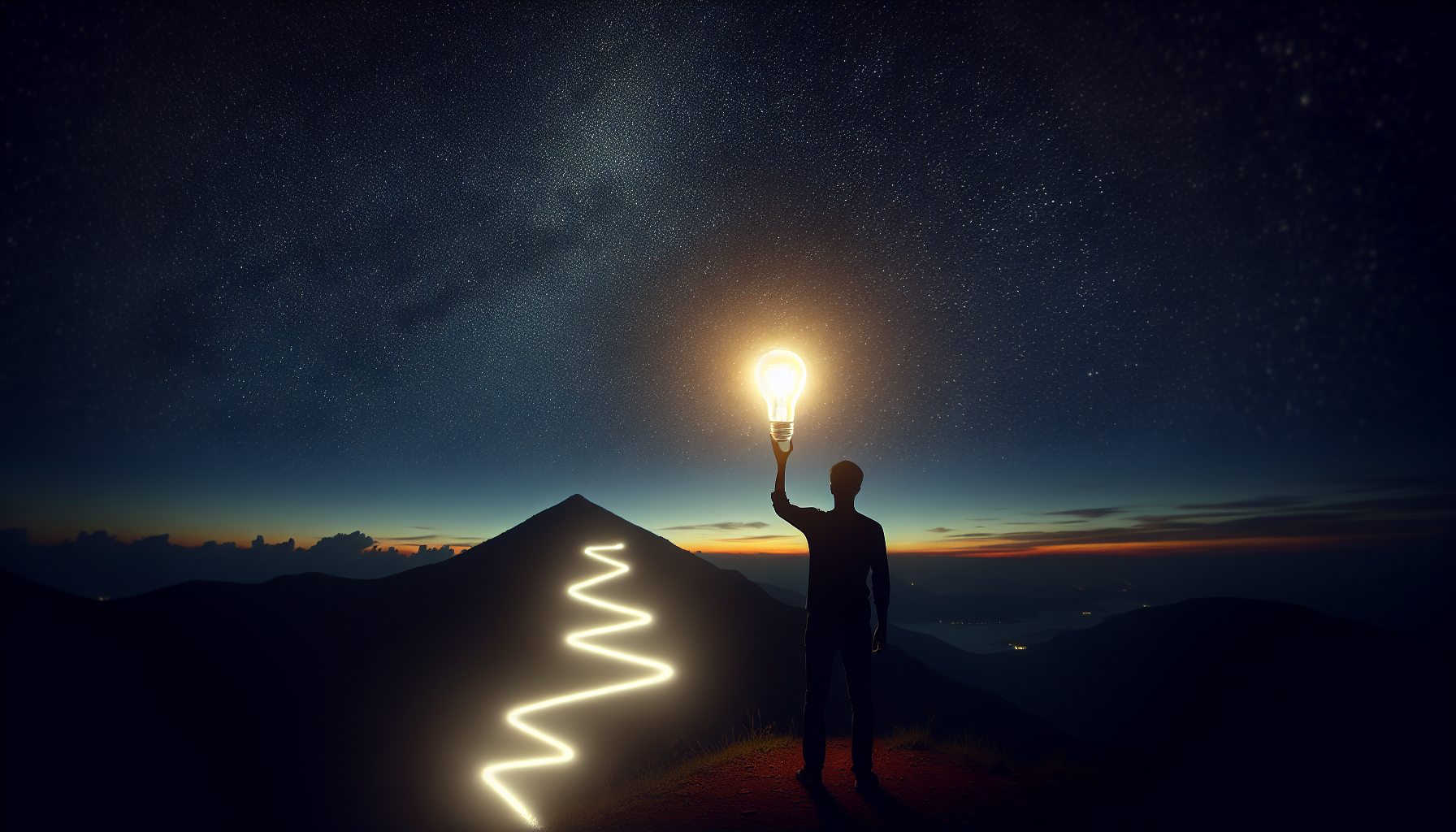 A man looking at a hill in the night sky. He is holding a light bubl, while a path of light illuminates the way to the top of the hill.