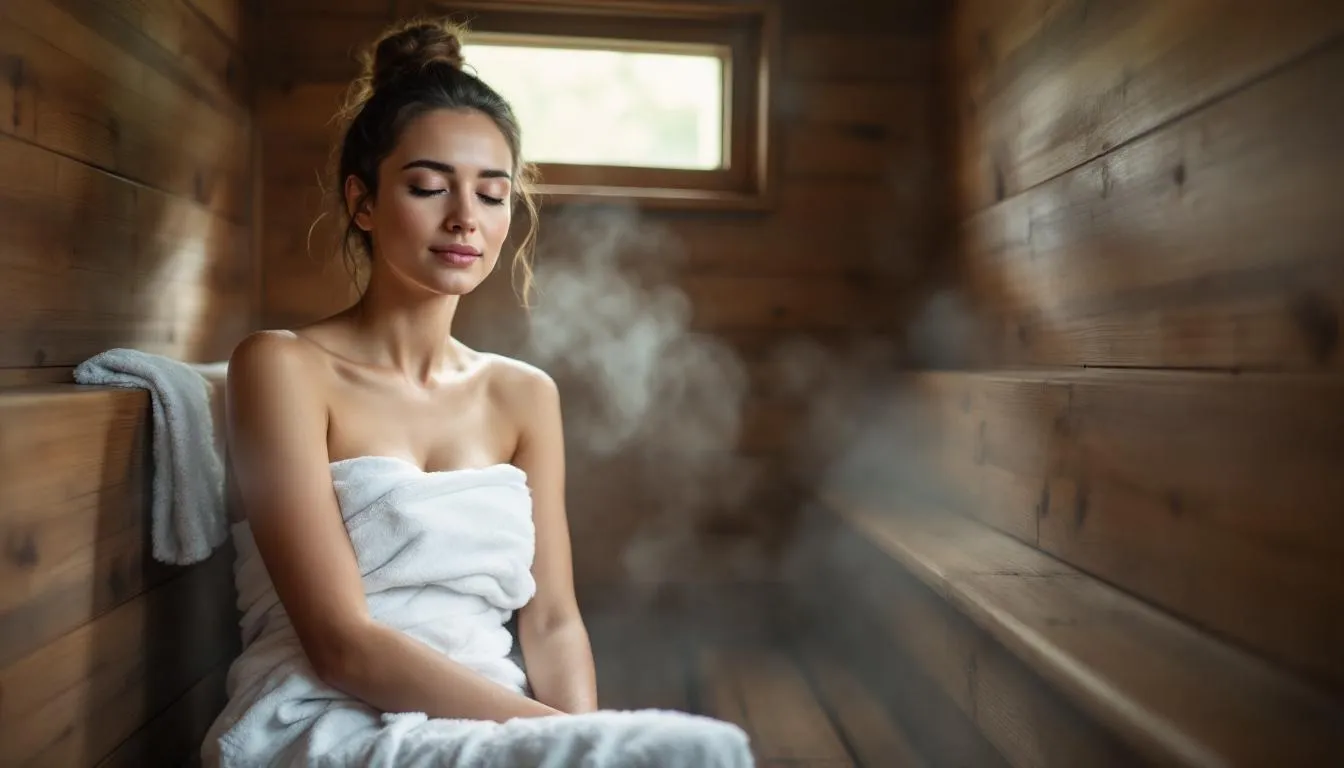 An image depicting a serene sauna setting, showcasing wooden benches and warm, inviting light, emphasizes the health benefits of regular sauna bathing for heart health. The scene reflects the calming atmosphere of sauna therapy, which can improve cardiovascular function and support longevity through heat stress and the body's physiological responses.