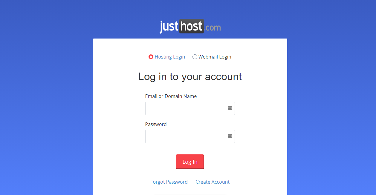 JustHost log in screen