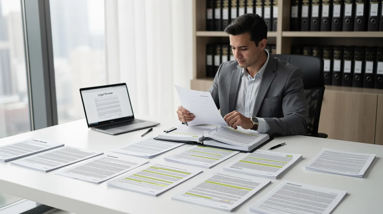A professional sits at a desk, reviewing legal documents related to divorce proceedings, with various paperwork, including property order attachments and legal forms, spread out in front of them. The scene emphasizes the importance of clarity and organization in managing community property and assets during the legal process.