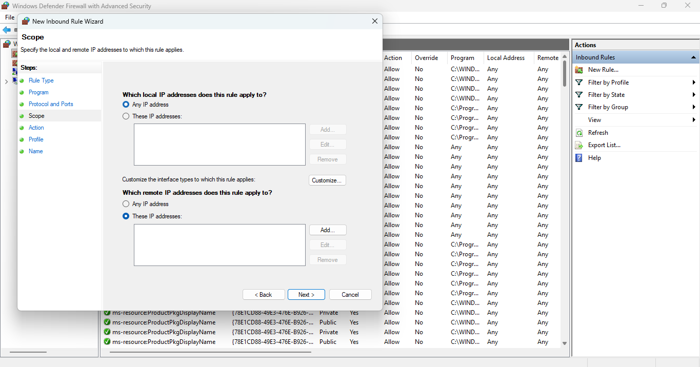 Scope page with Any local IP address selected and These IP addresses selected under remote IP addresses.