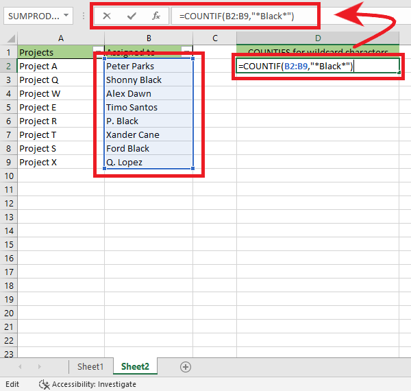 Excel countif function examples.