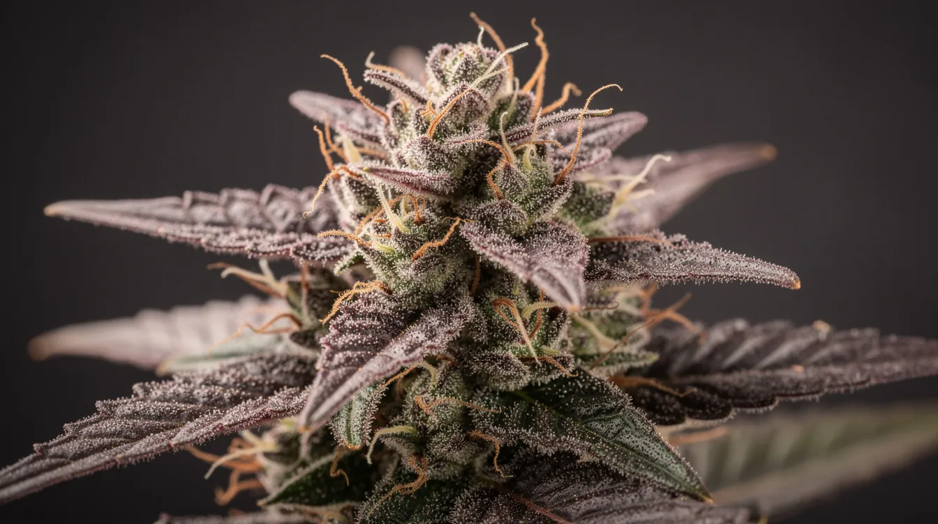 A macro photograph captures a stunning purple-green cannabis flower, featuring vibrant orange pistils and a shimmering layer of crystalline trichomes. This premium flower showcases the beauty of a hybrid strain, inviting users to savor its deeply relaxed yet outgoing energy, perfect for social settings.