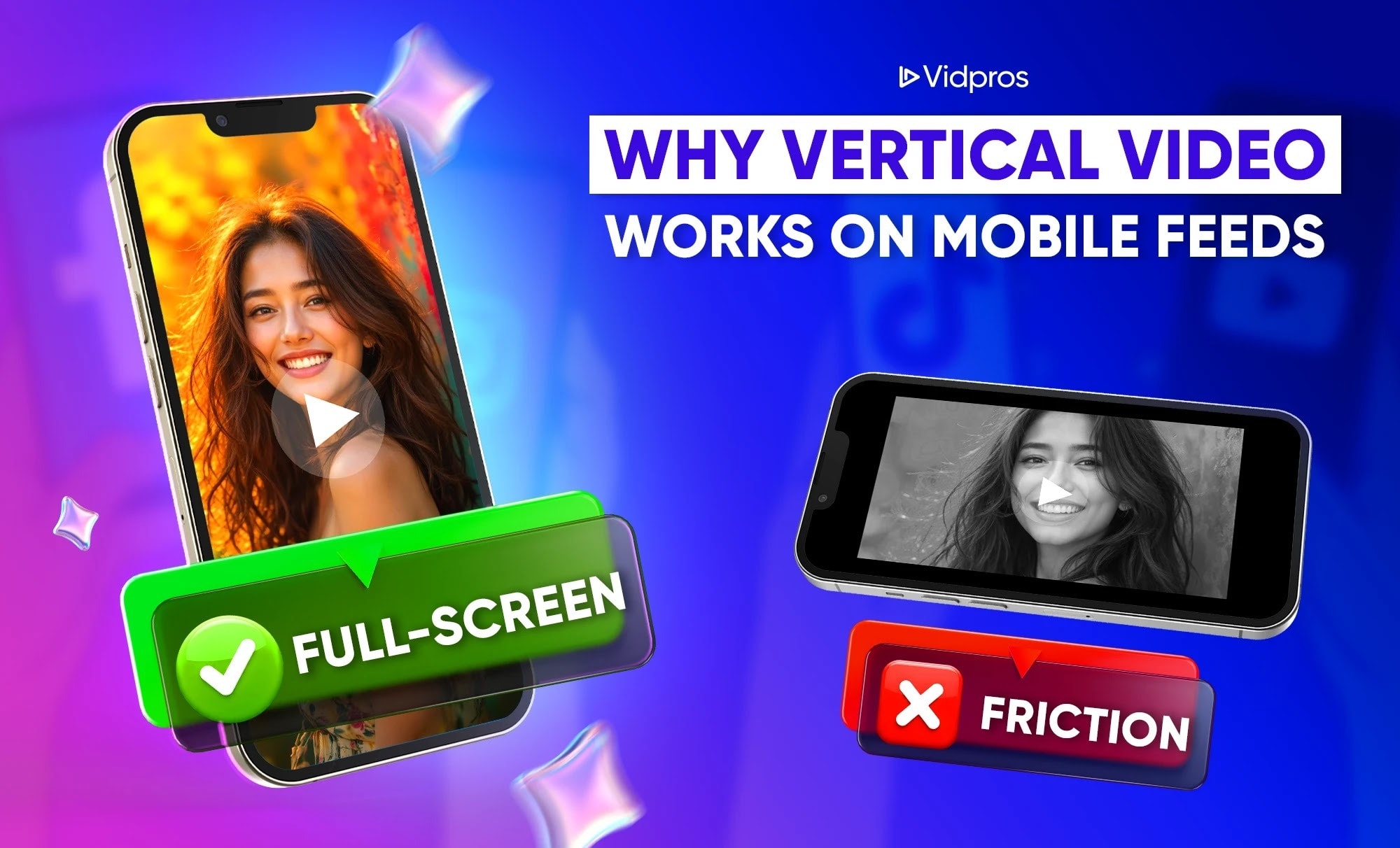 Graphic titled “Why vertical video works on mobile feeds” showing a vertical smartphone video labeled “Full-screen” with a green check mark and a horizontal video labeled “Friction” with a red X, illustrating that vertical videos fit mobile screens better.
